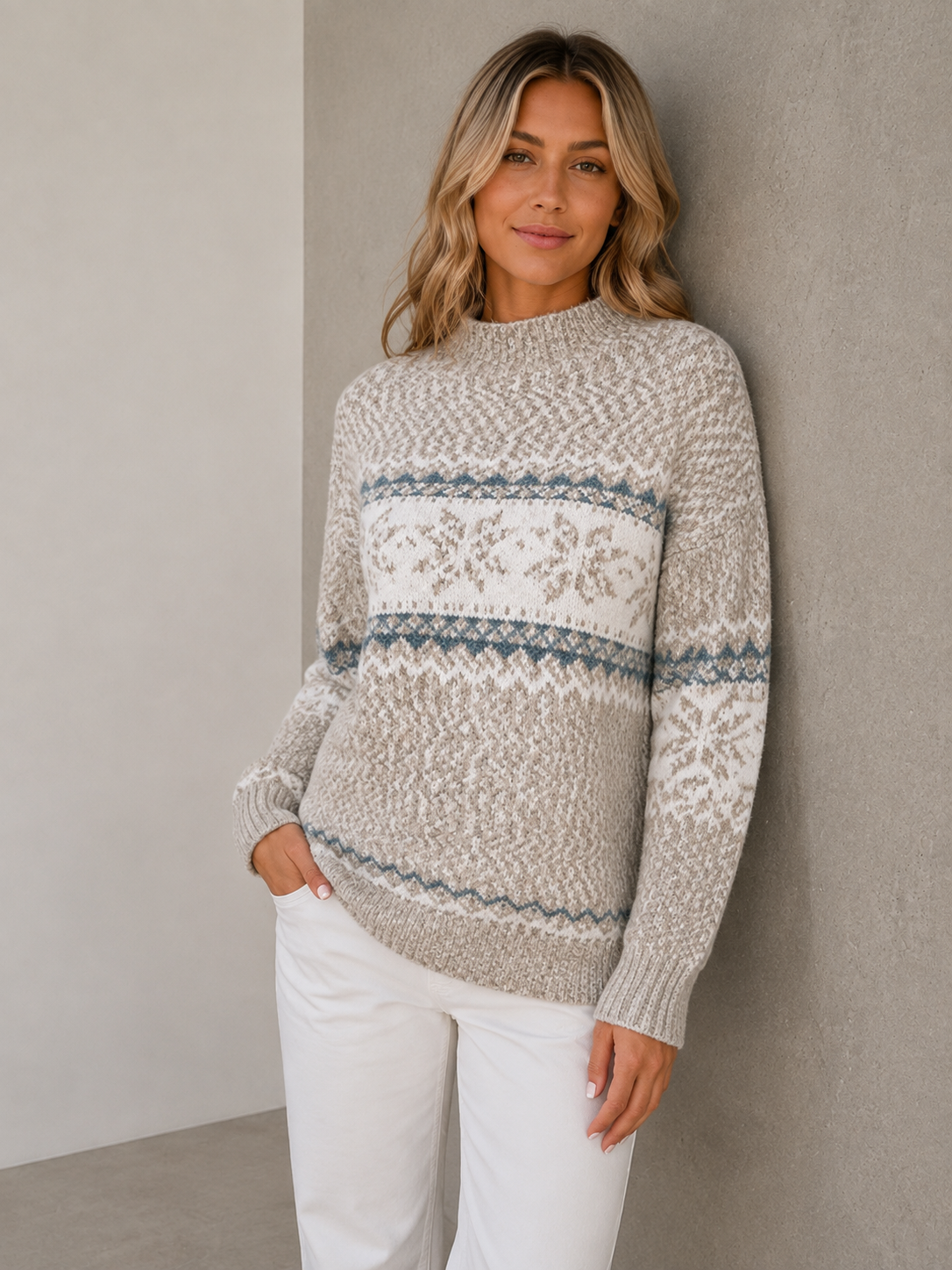 Gray Nordic knit sweater women with relaxed fit and crew neckline
