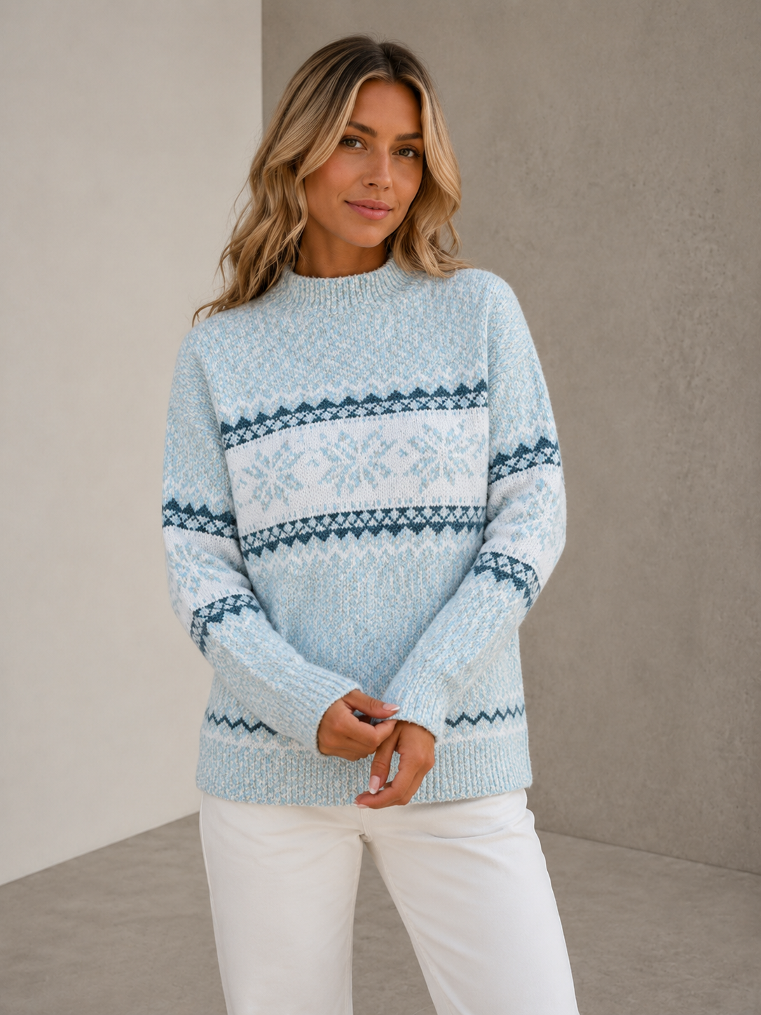 Light blue Nordic knit sweater women with geometric winter pattern