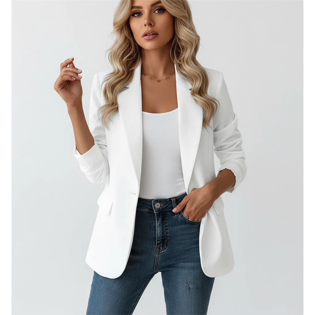 White fitted blazer with elegant tailored design for women