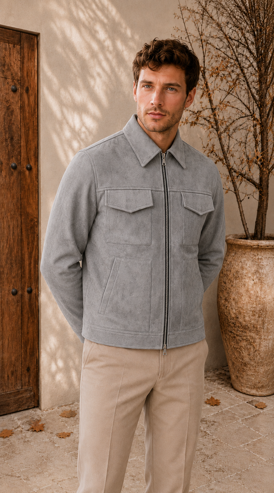 Close-up of men's utility jacket shirt collar and front zipper