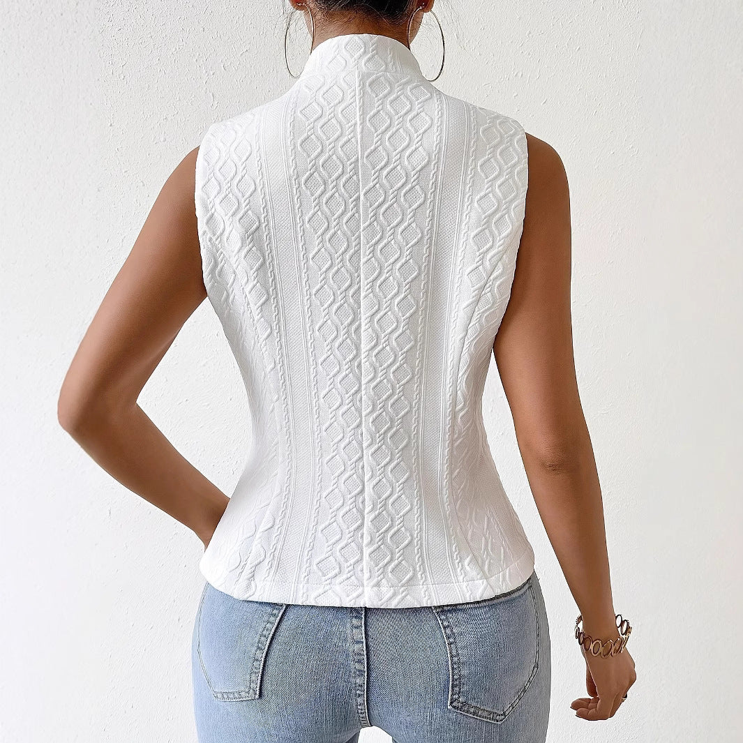Hip-length structured waistcoat with textured fabric and front buttons for women