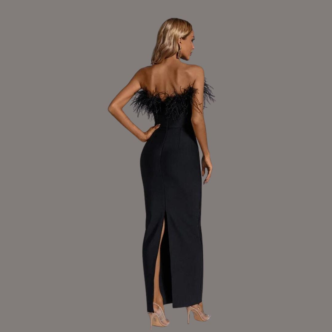 Sleeveless feather-detail maxi dress with body-hugging fit and full-length skirt