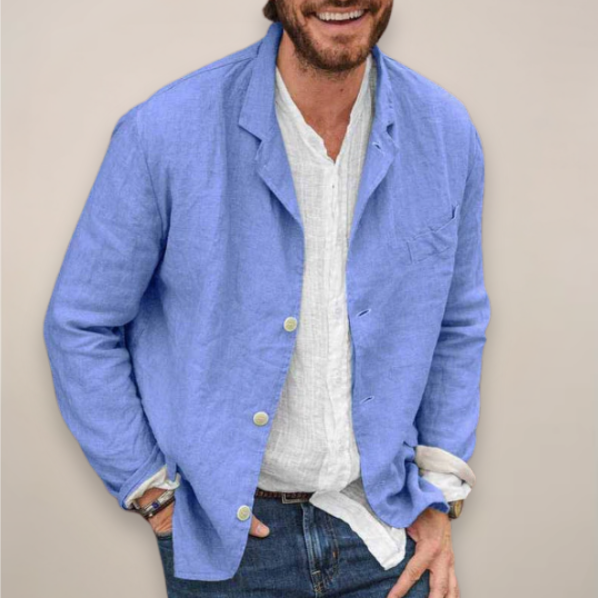 Men's hip-length woven jacket with front button closure and classic collar