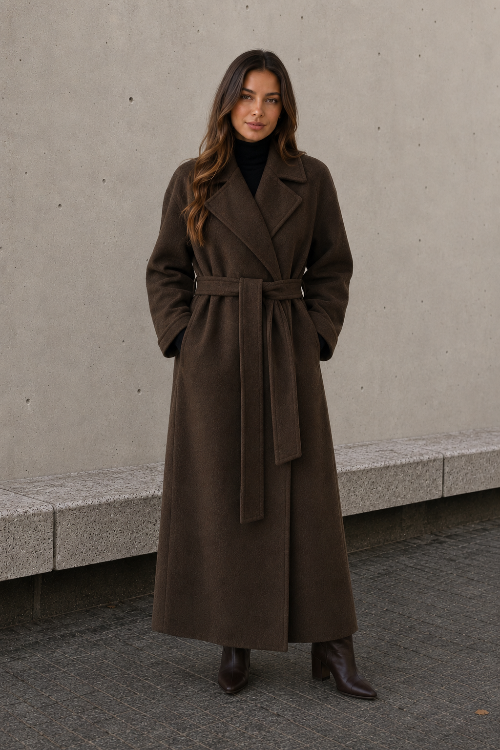 Brown women's long belted coat with lapel collar