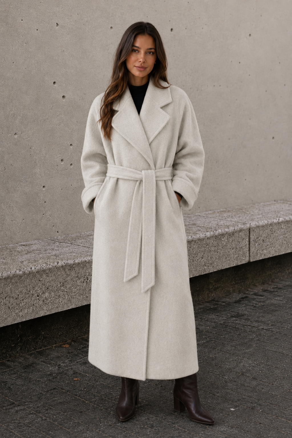 Light grey women's long belted coat with lapel collar