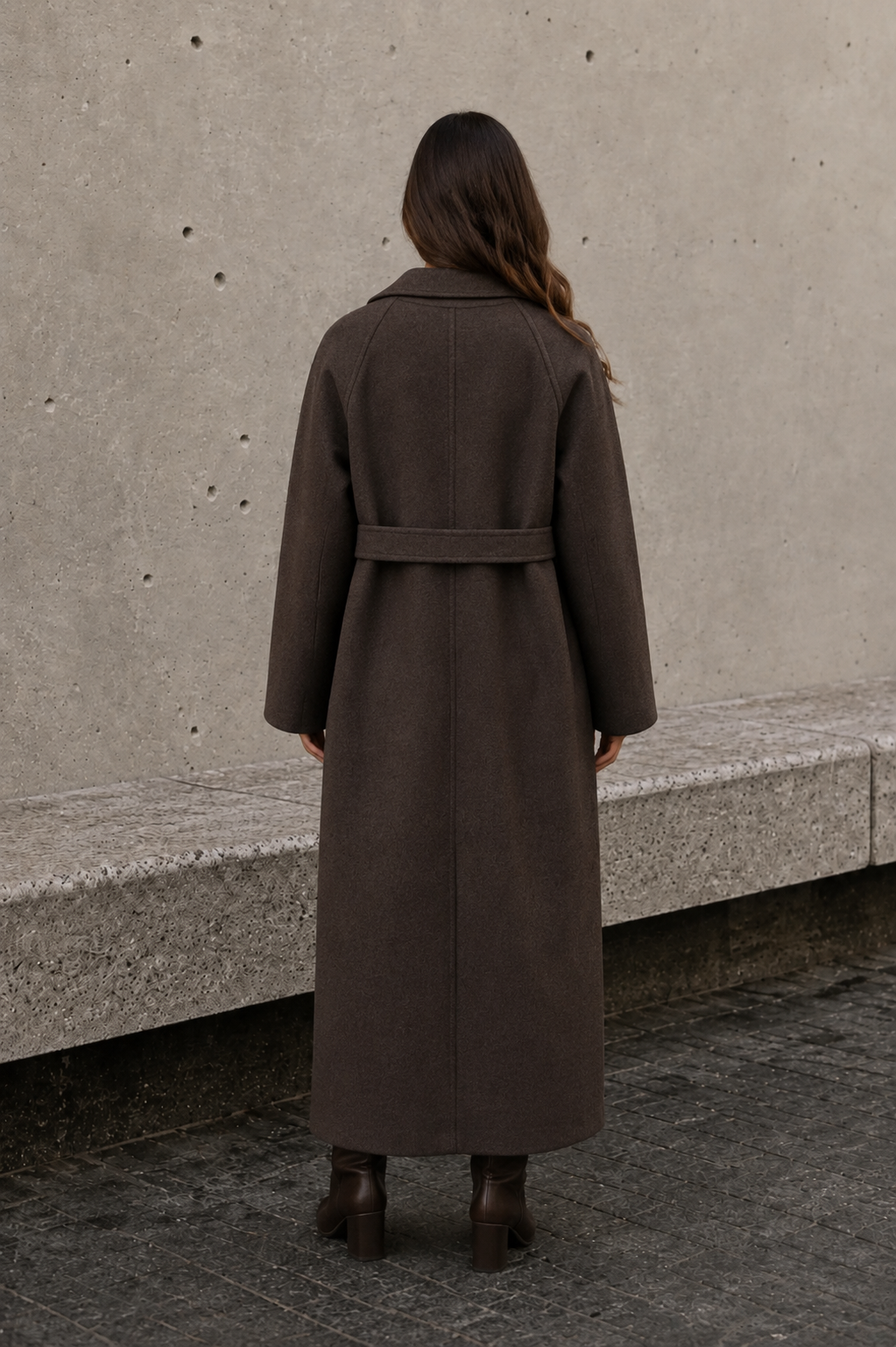 Brown women's long coat back view with waist belt
