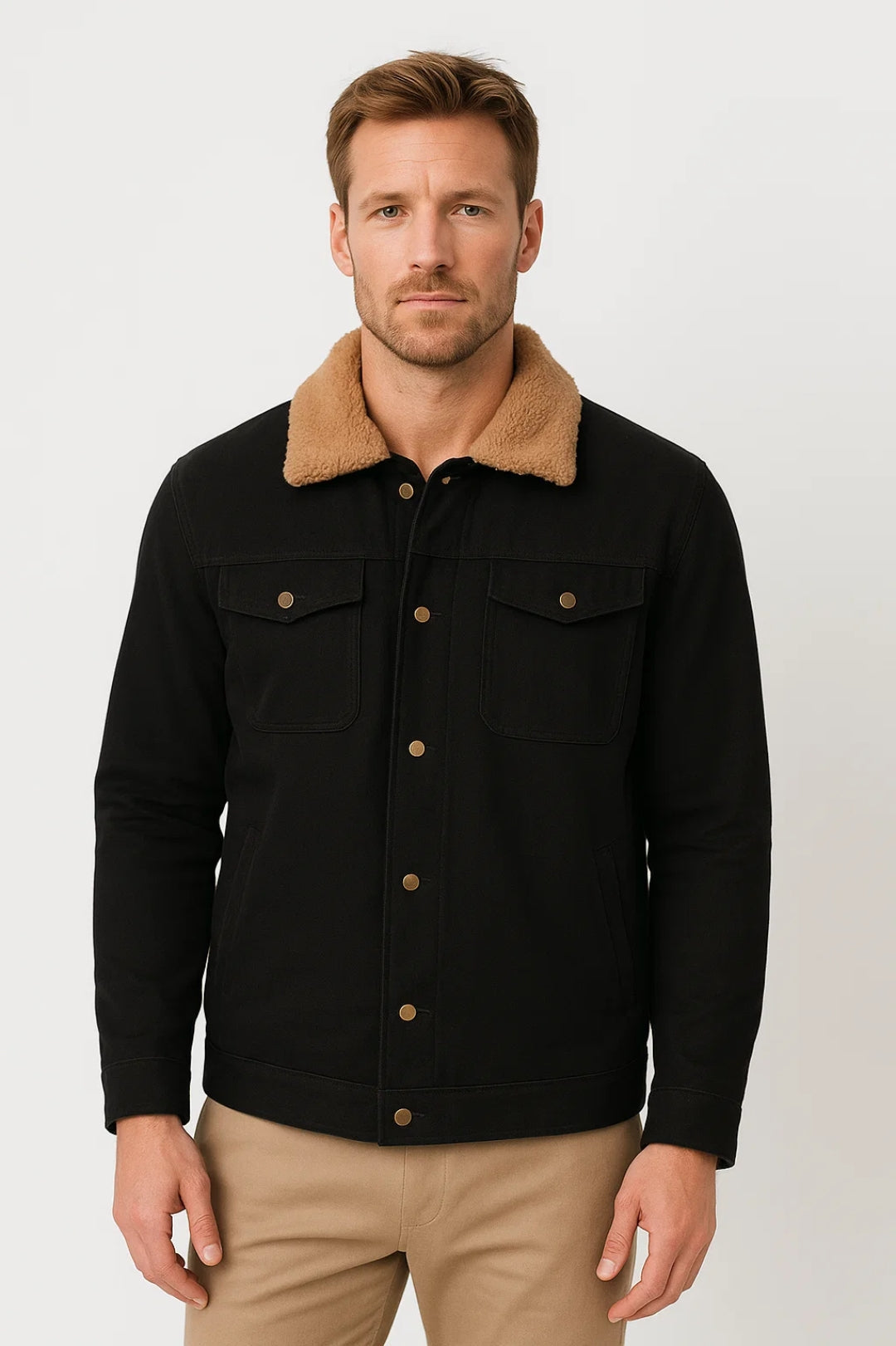 Men's short jacket with paneled construction, buttoned cuffs, chest pockets, and side pockets