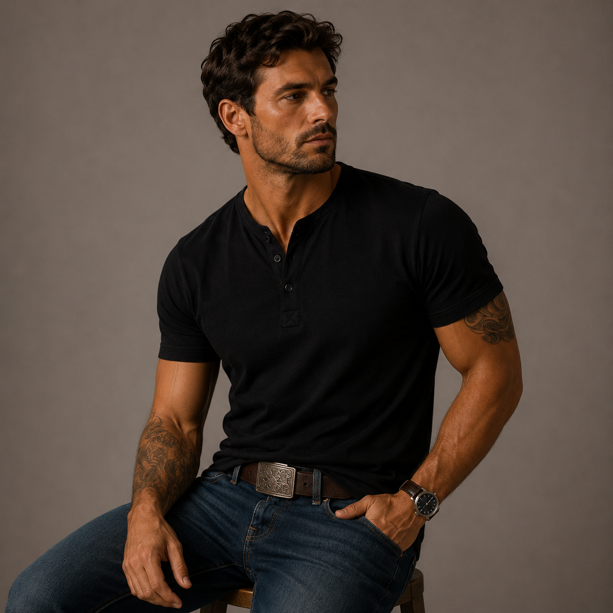 Men's solid Henley T-shirt with short sleeves