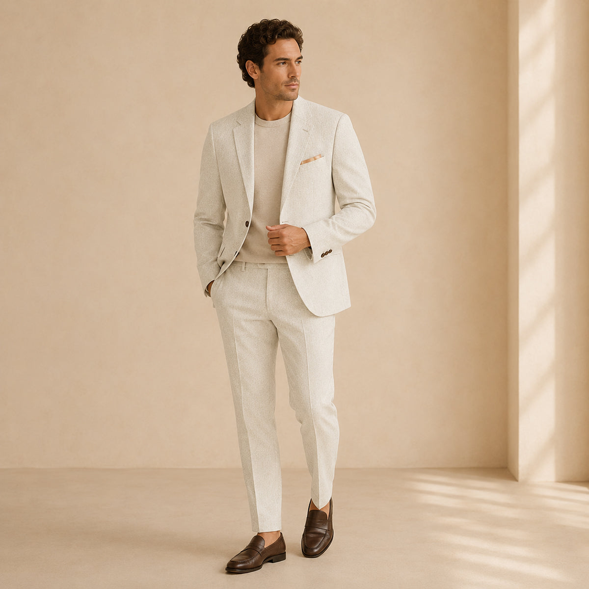 Men wearing ivory linen blazer and pants set