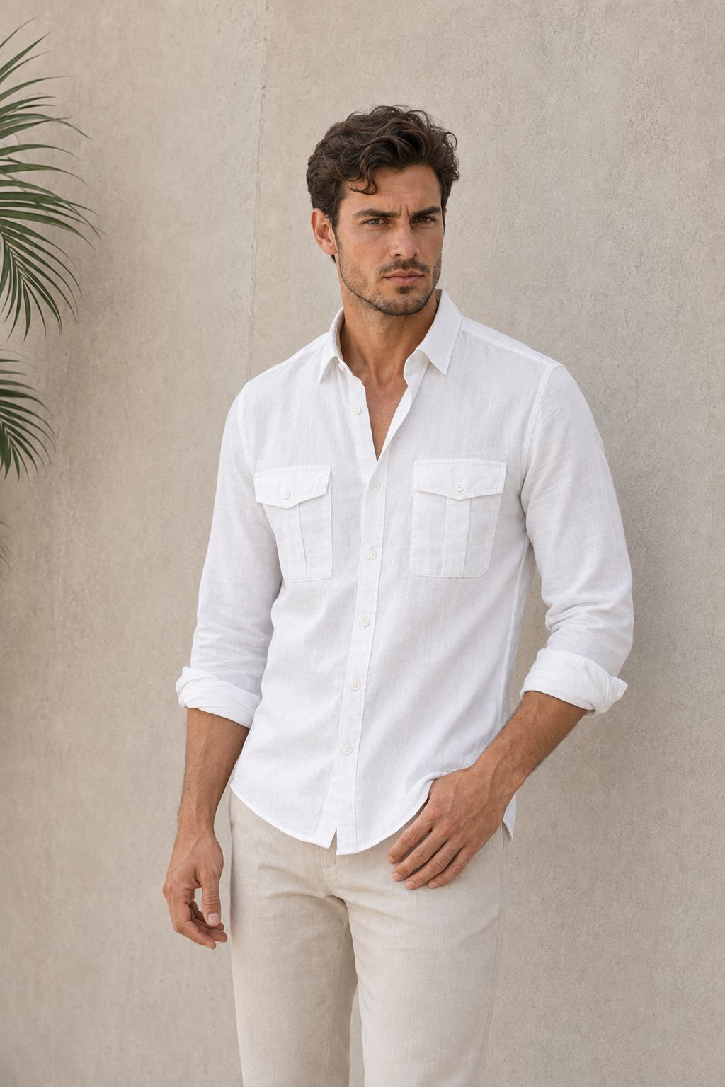 Cotton linen button up shirt with classic collar