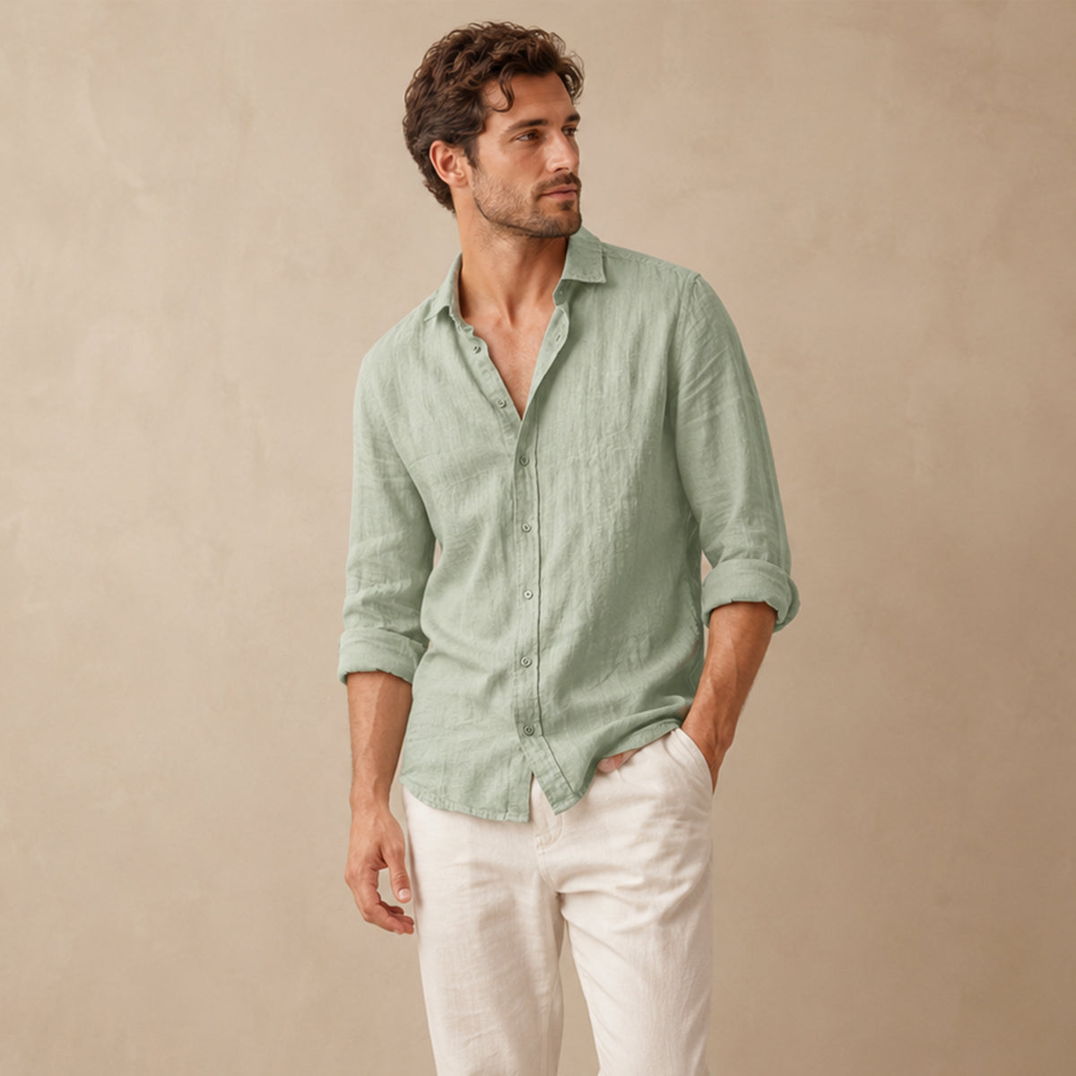Men's casual linen shirt with rolled sleeves