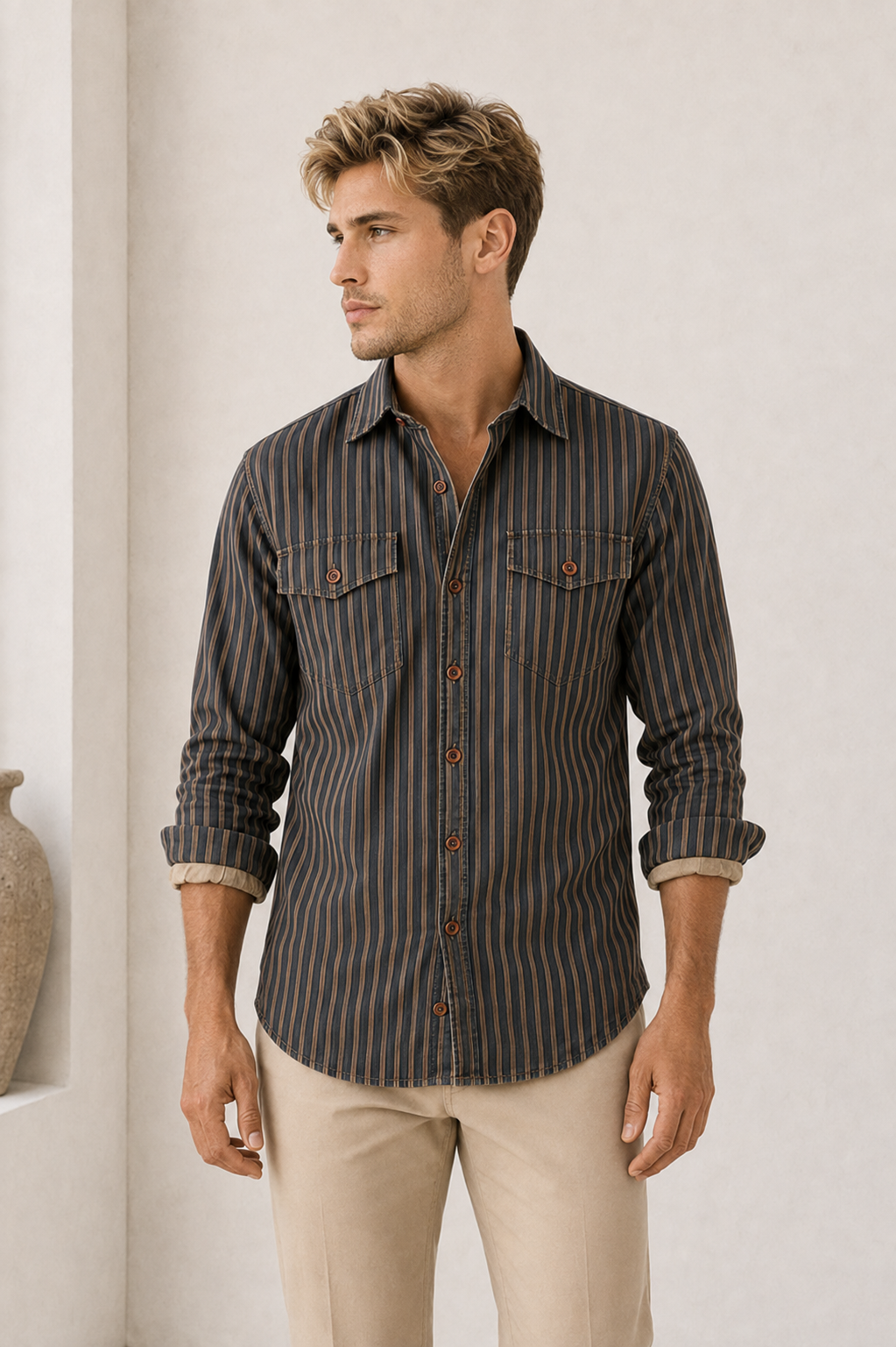 Cotton Striped Shirt Button Up Men