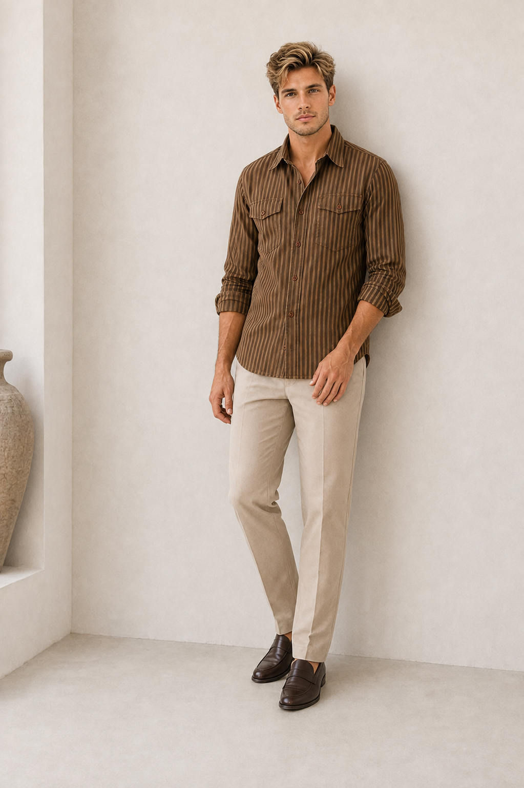 Cotton Striped Shirt Button Up Men