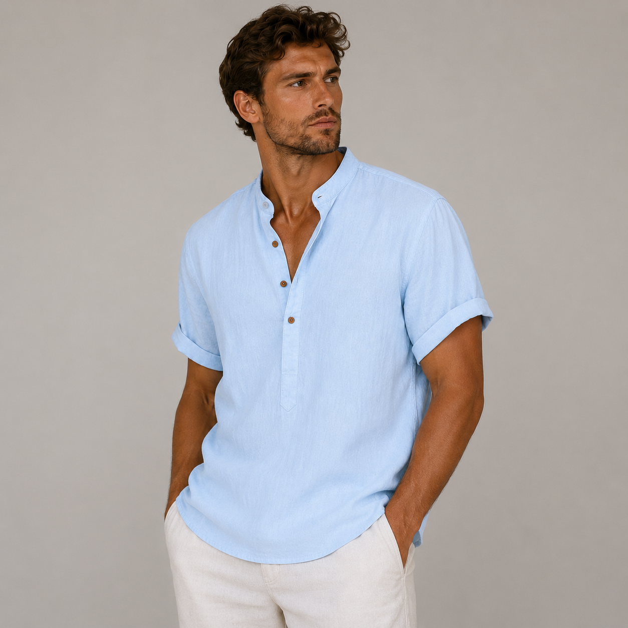 Partial button closure detail on men's shirt