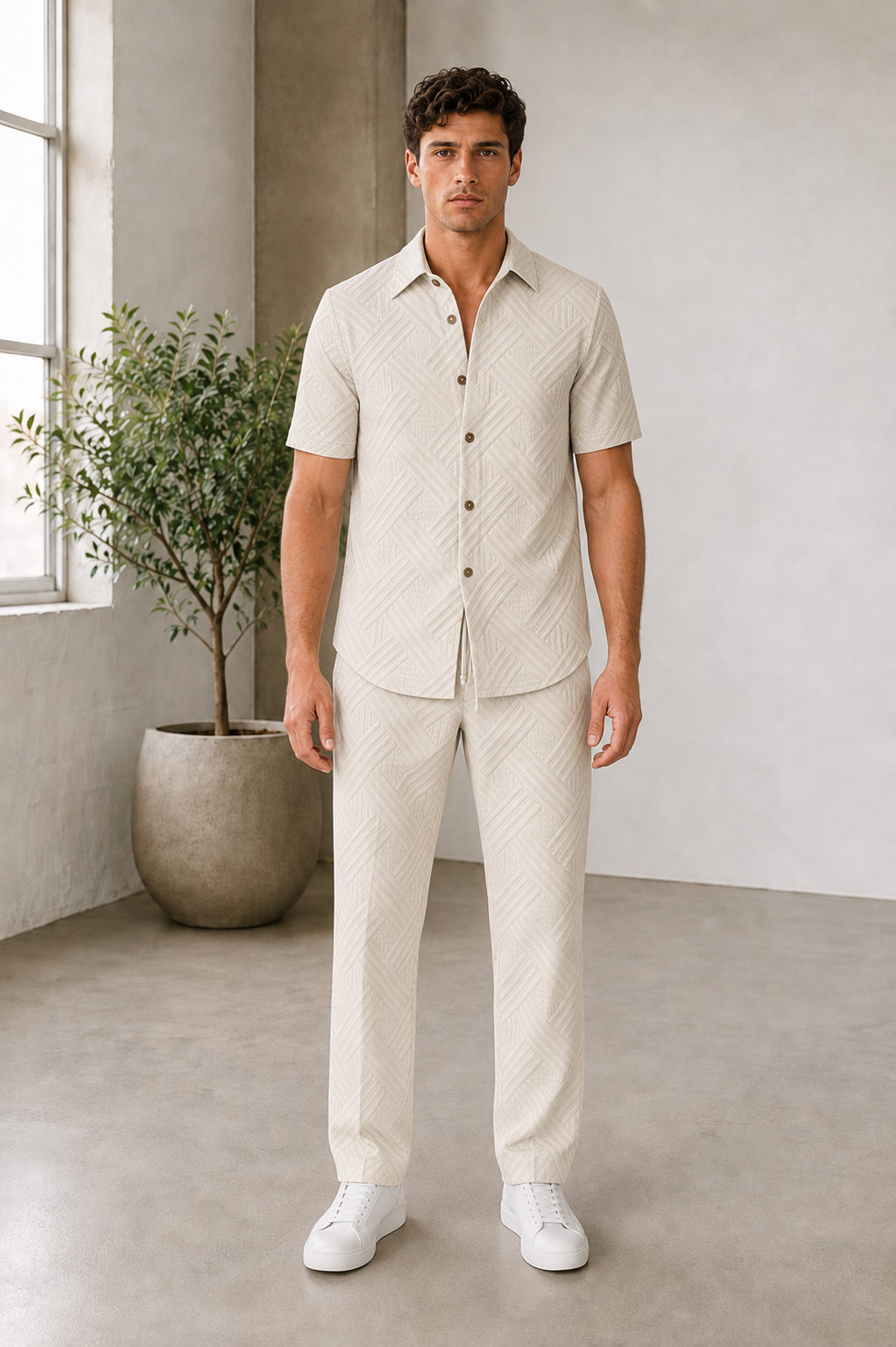 Coordinated two piece outfit with full length trousers