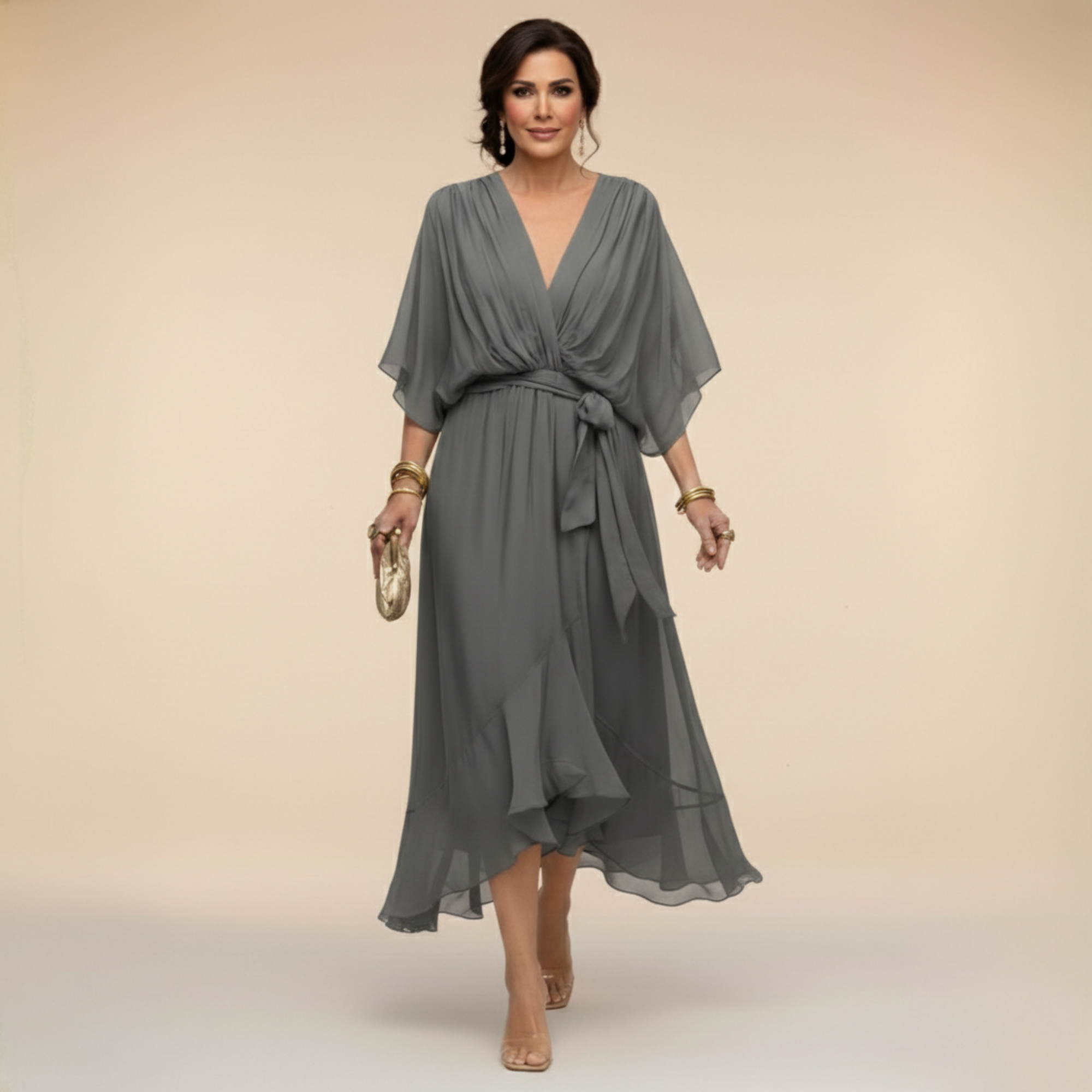 Relaxed-fit women's wrap midi dress with flowing fabric and layered skirt