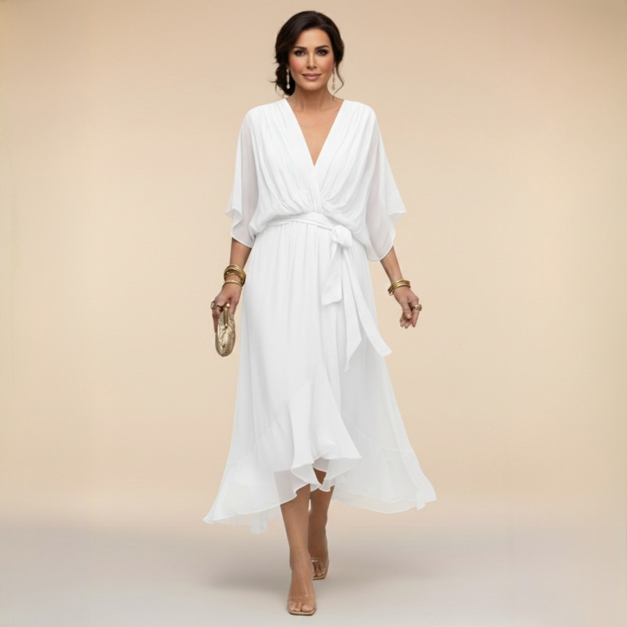 Women's V-neck wrap midi dress with elbow-length sleeves and midi-length hem