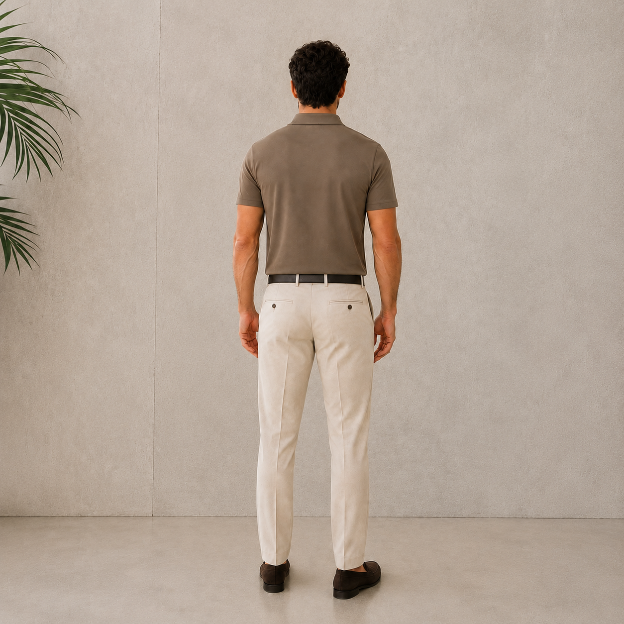 Men's minimalist taupe polo shirt front detail