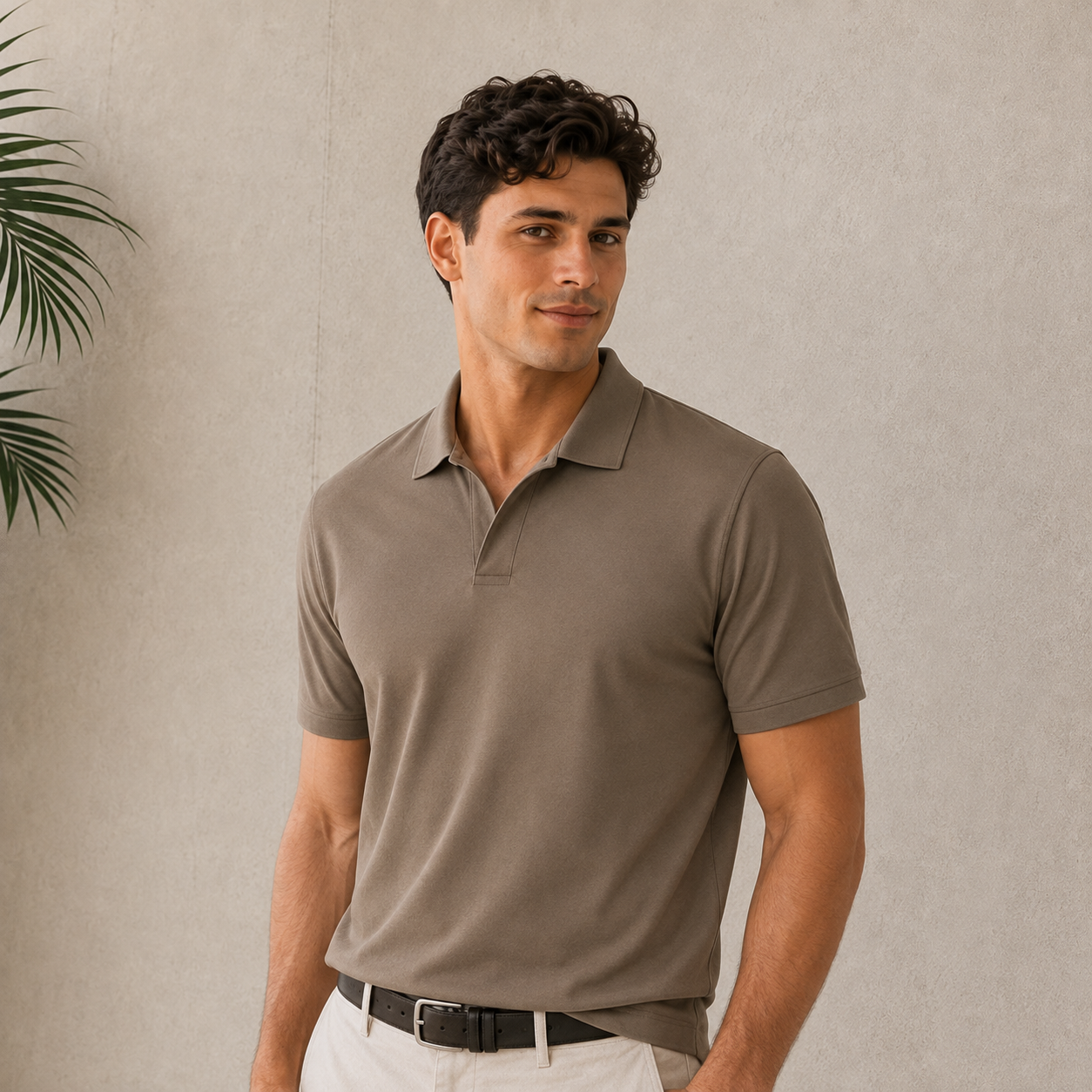 Men's taupe polo shirt styled with black trousers