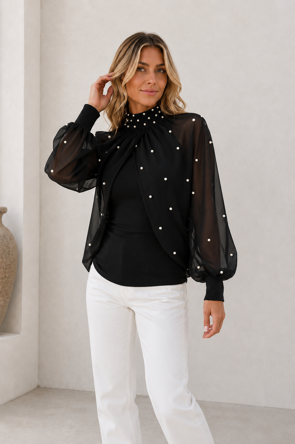 Black high neck sheer sleeve blouse women styled front view