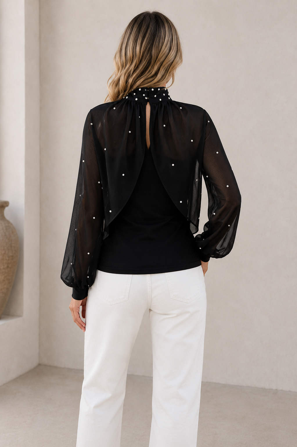 Black decorative blouse women with transparent long sleeves