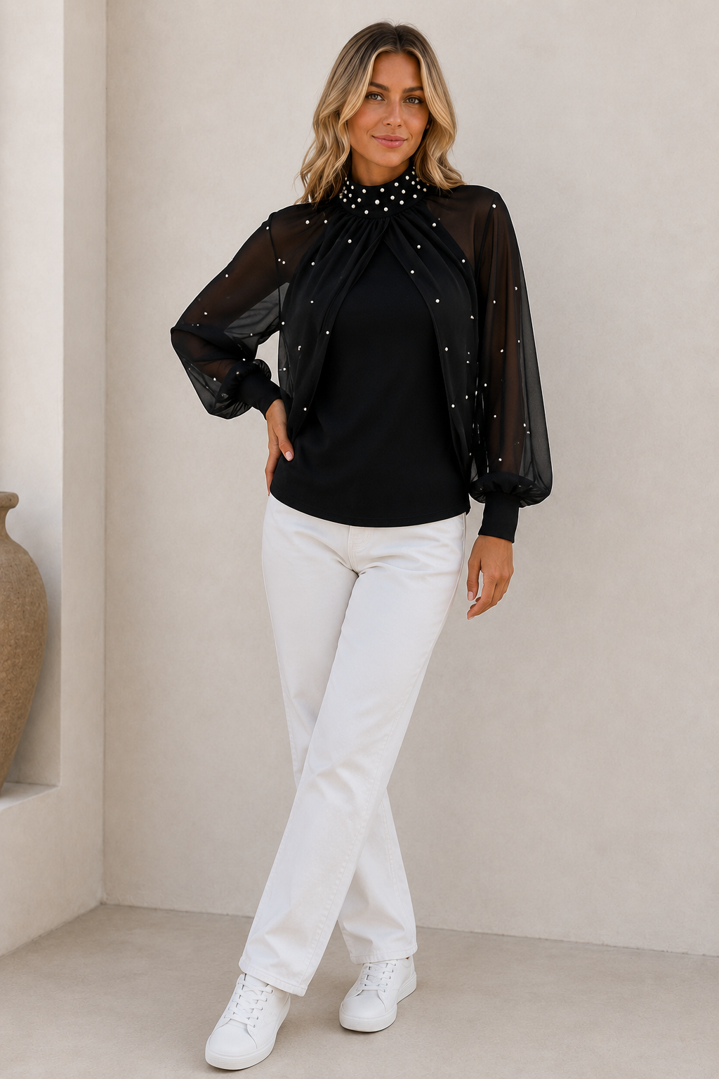Black sheer sleeve blouse women styled with black trousers