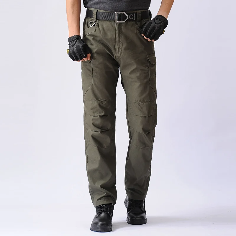 Men's cargo pants with zipper and button closure, multiple pockets, and year-round woven construction