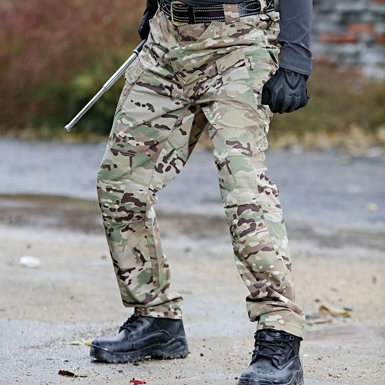 Men's cargo pants with reinforced stitching, cargo side pockets, and full-length straight legs
