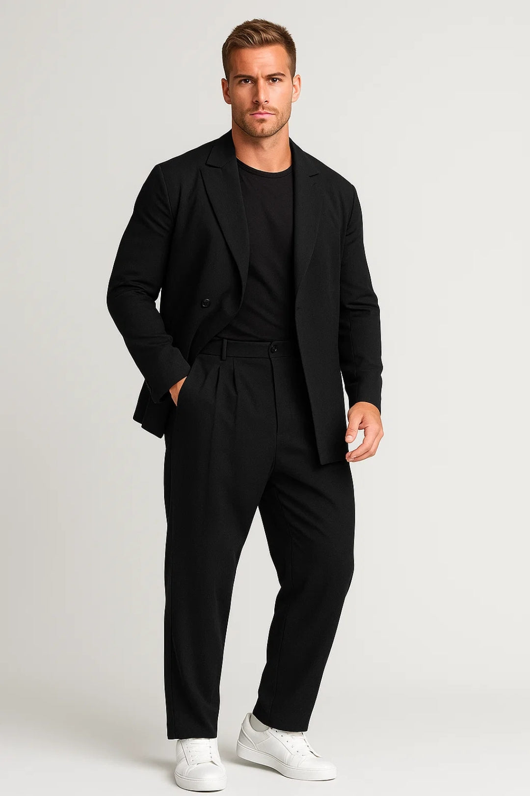 Men's woven blazer and matching trousers set with button closure and straight-leg trousers