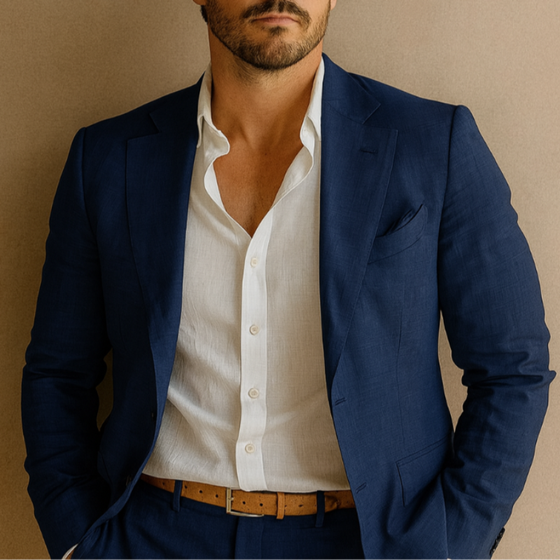 Men's tailored linen-blend blazer with chest pocket and flap front pockets