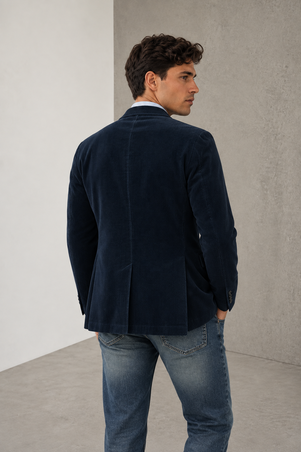 Blue corduroy jacket men back view