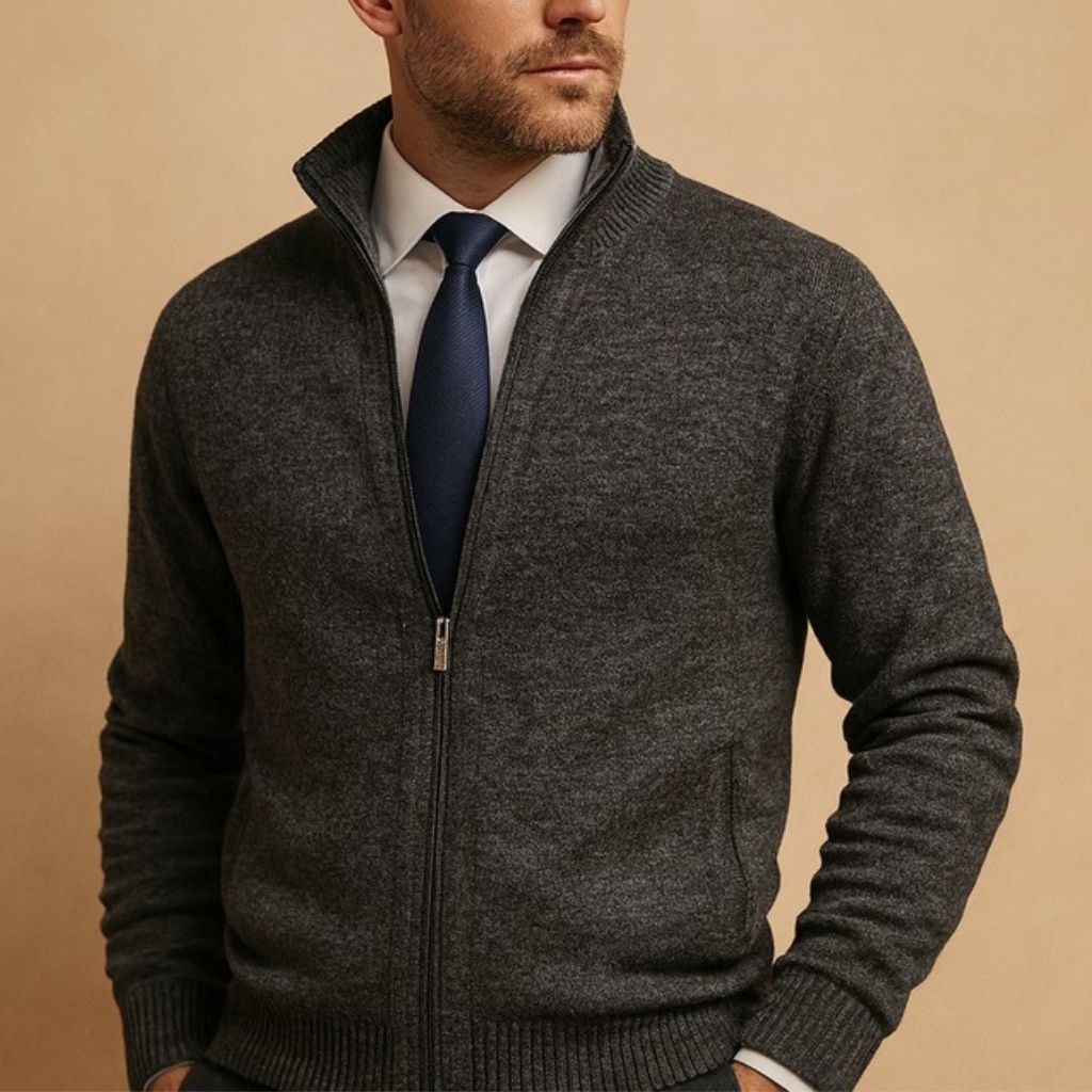 Men's zip-up wool-blend knit jacket with clean silhouette and stand-up collar