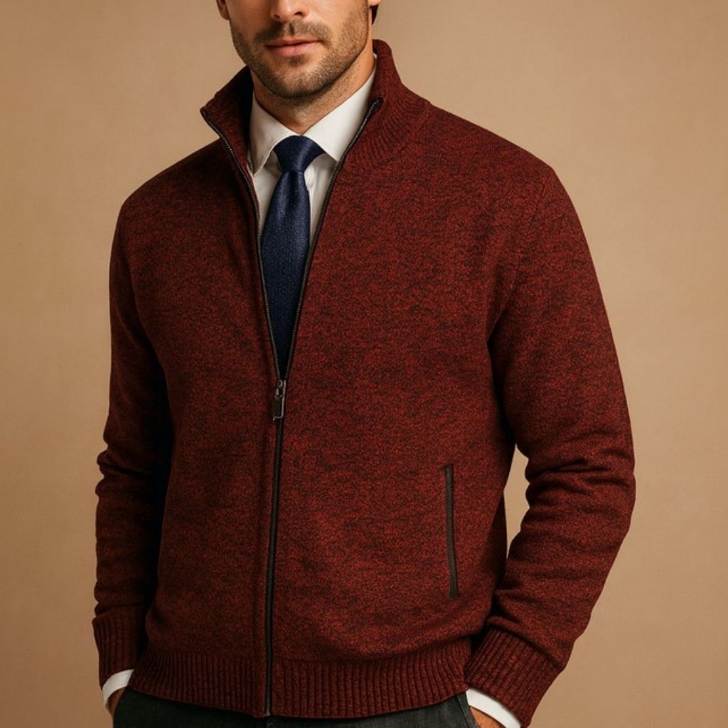 Wool-blend zip jacket for men with knit construction and full-length zipper