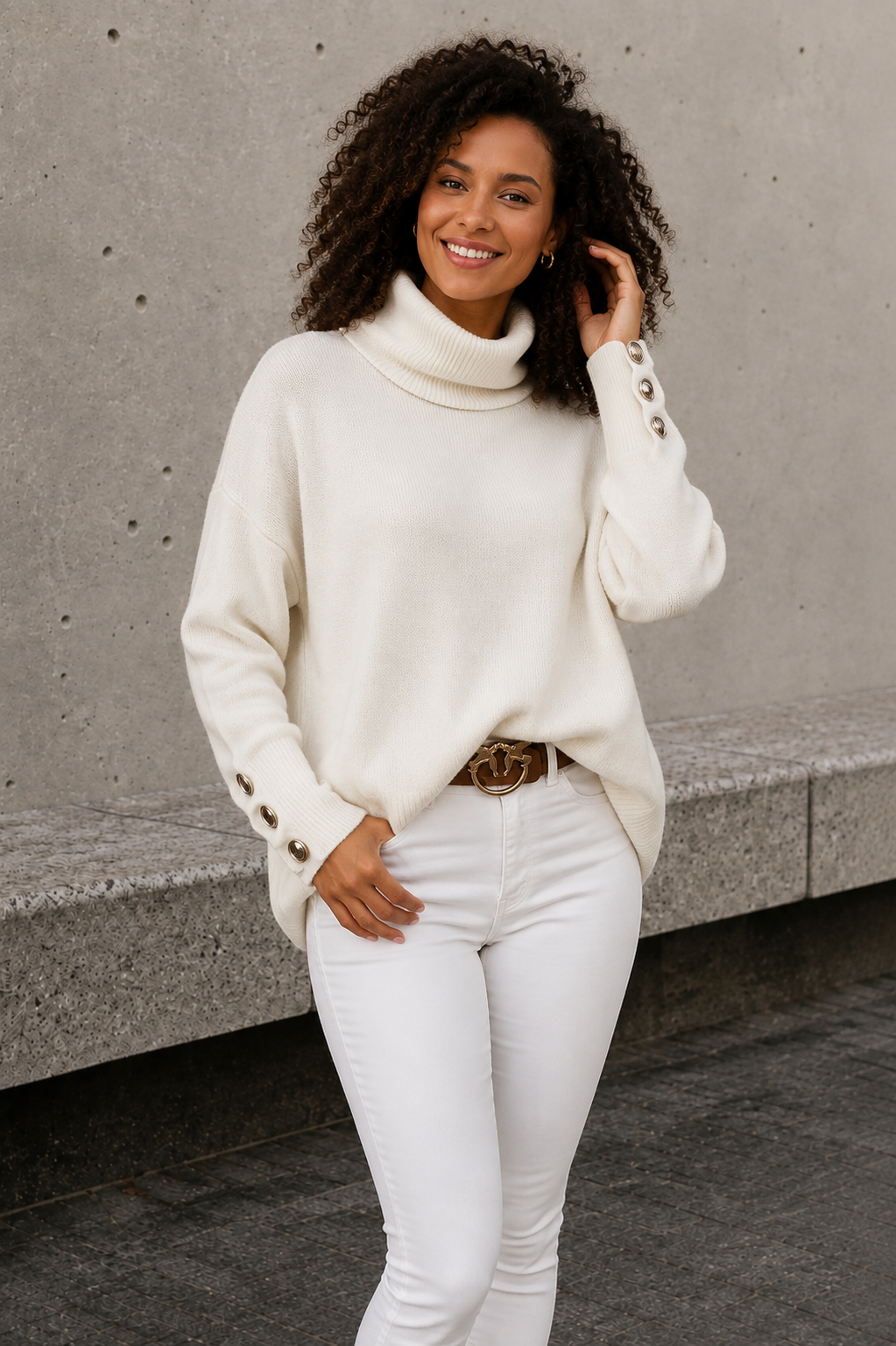 White wool blend polo sweater women with button sleeve detail
