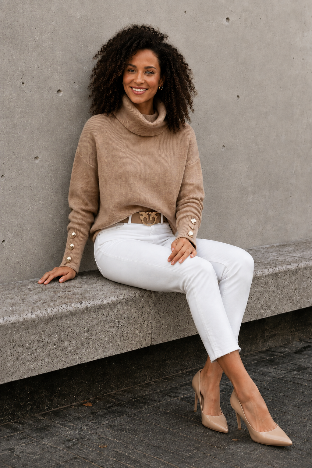 Khaki wool blend polo sweater women with high collar