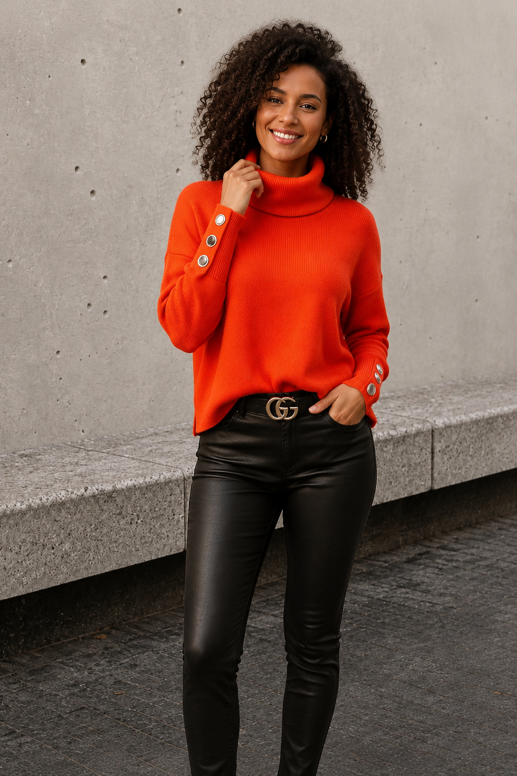 Orange wool blend polo sweater women with high neckline