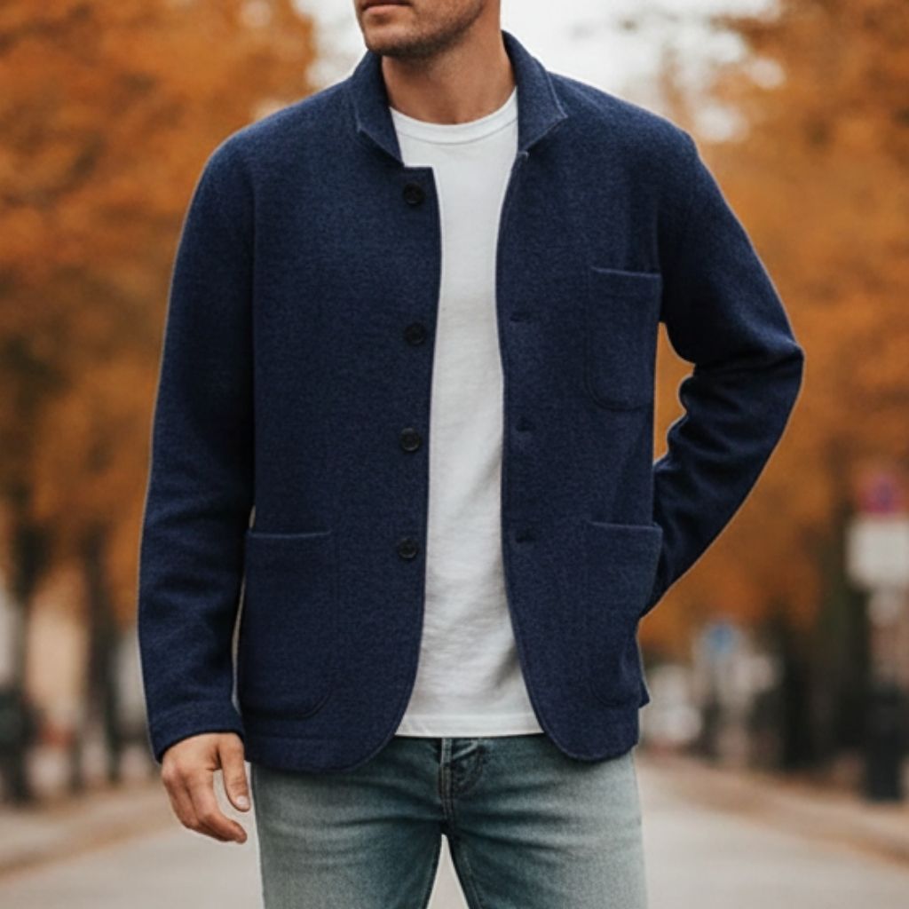Men's relaxed-fit knitted jacket layered for autumn everyday wear