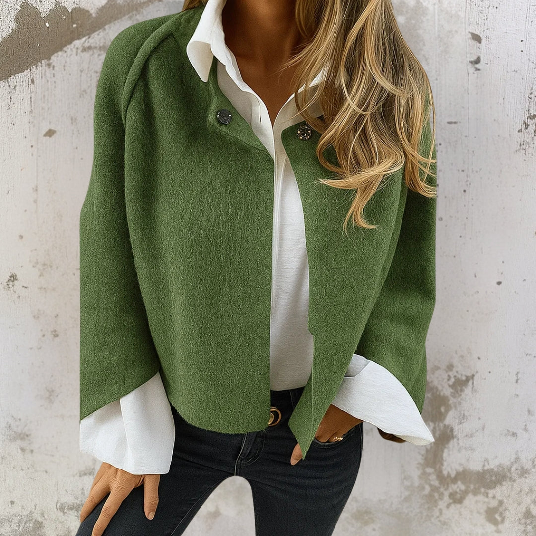 Women's casual fit wool-blend jacket with short length and button front