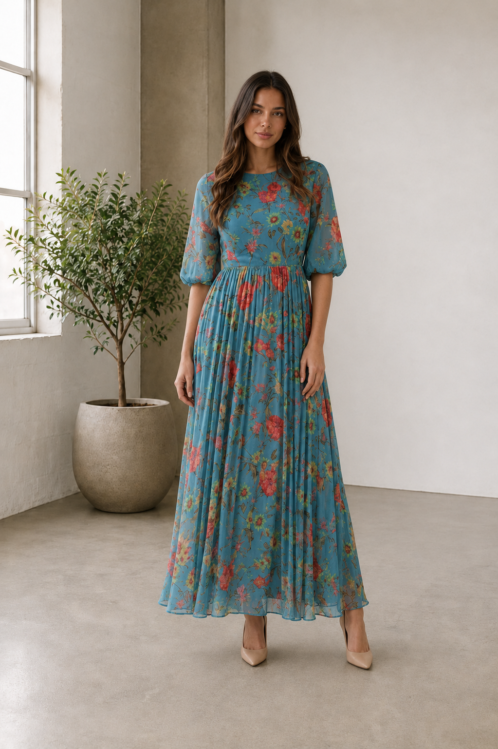 Women's Blue Floral Print V-Neck Maxi Dress