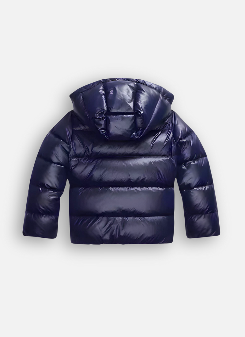 Women's hooded puffer jacket with glossy quilted fabric, side profile view