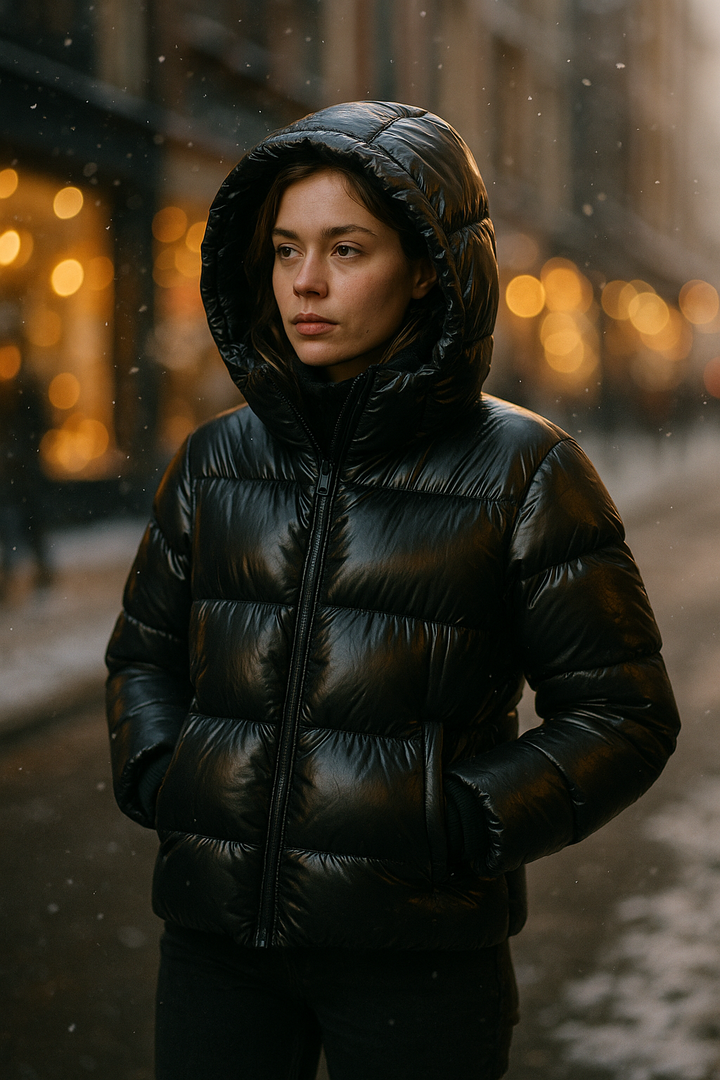 Women's quilted puffer jacket with snap button and zipper closure, three-quarter view