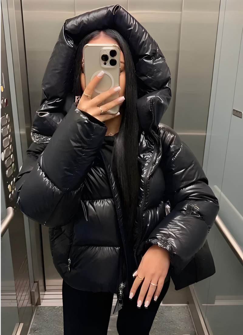 Women's shiny puffer jacket with regular fit and hood, lifestyle or flat-lay view