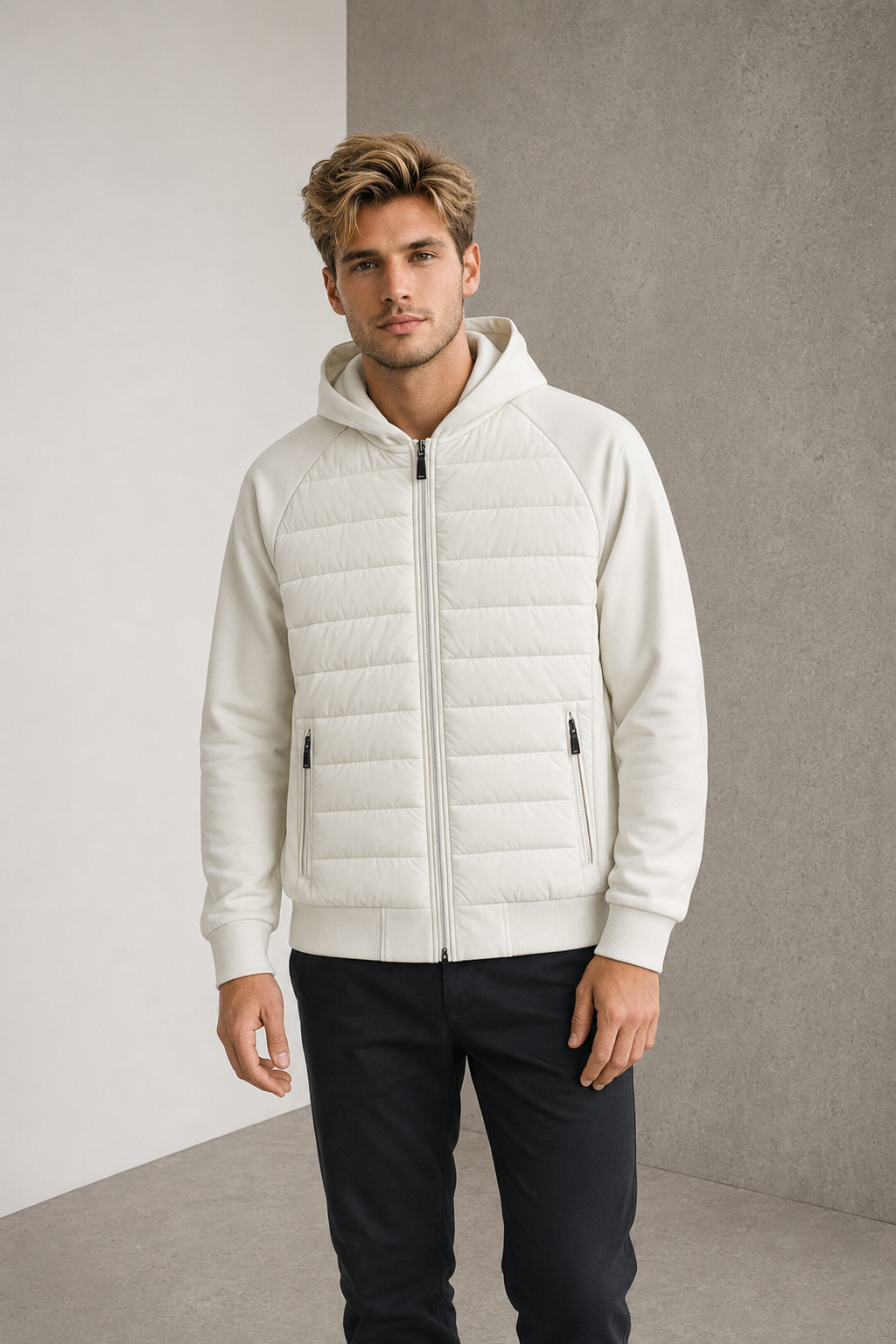 White hybrid padded hooded jacket for men