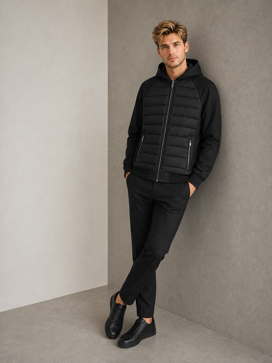 Man wearing a black hybrid padded hooded jacket