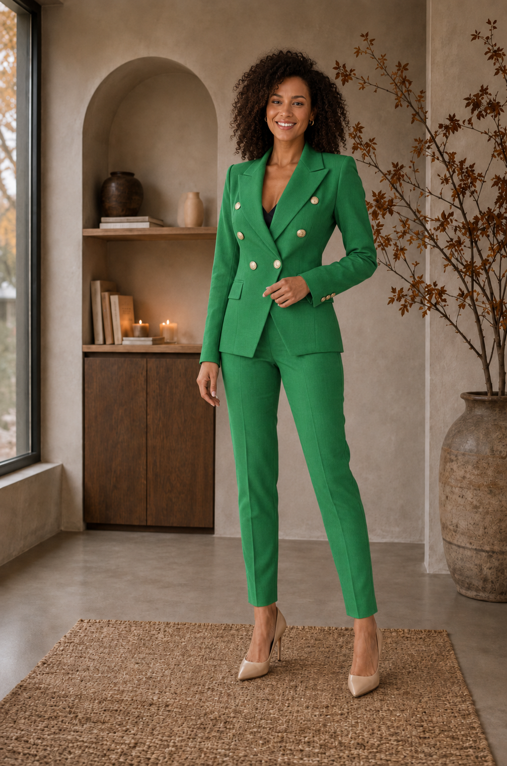 Women's green double-breasted blazer suit set with matching trousers