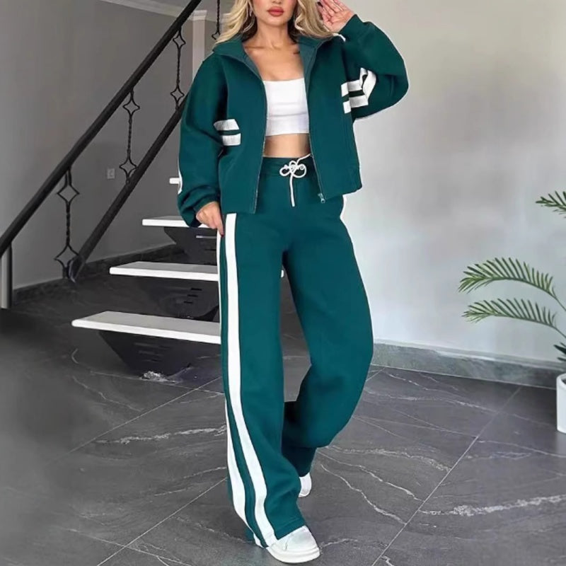 Women's casual activewear set with zippered jacket and drawstring wide-leg trousers in cotton blend