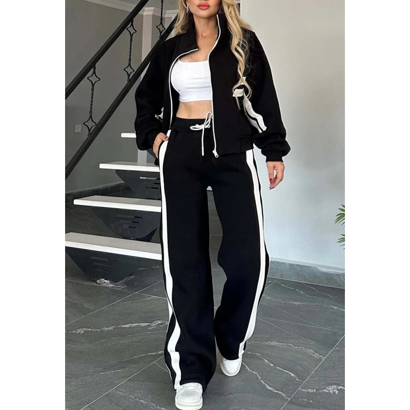 Women's zip jacket and wide-leg trouser set in cotton-blend fabric for all-season wear