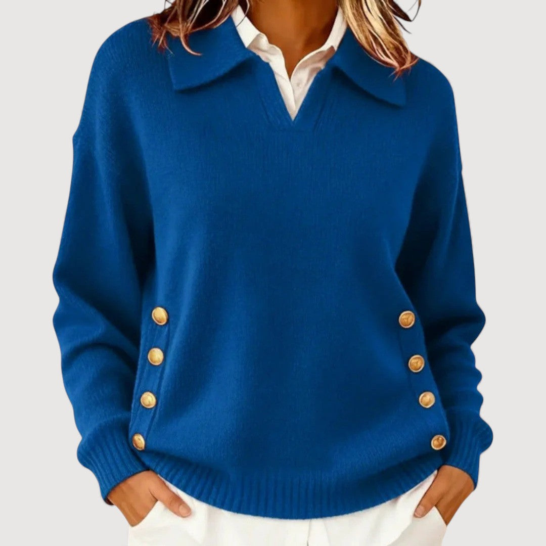 Women's V-neck knit sweater with decorative buttons and relaxed everyday fit