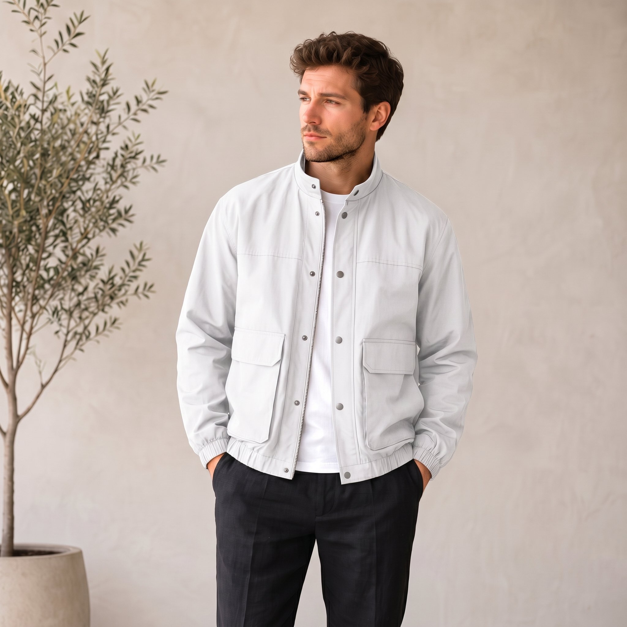 Minimalist men's jacket with elastic cuffs and two front pockets