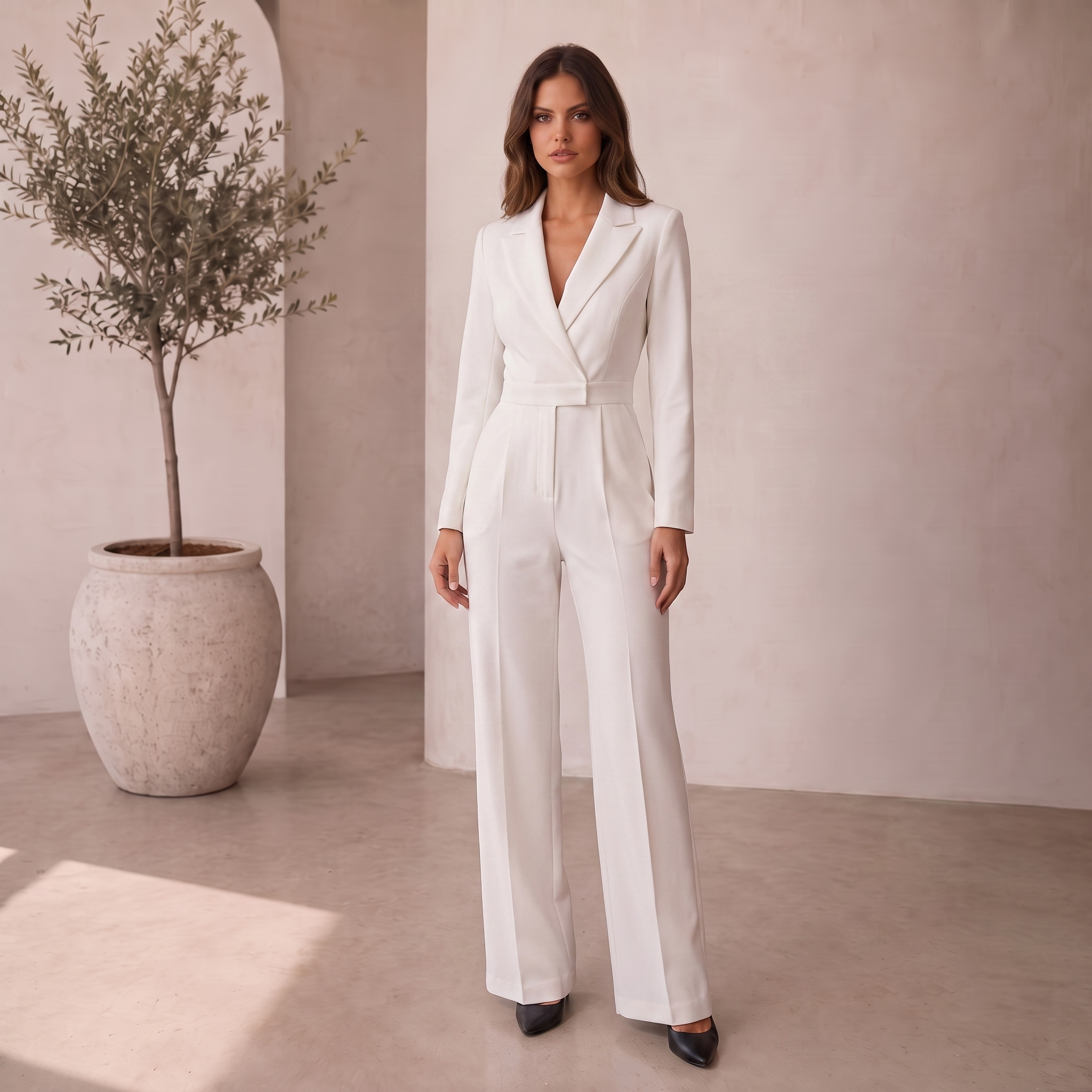 Women's all-in-one woven jumpsuit with lapel neckline and full-length wide legs